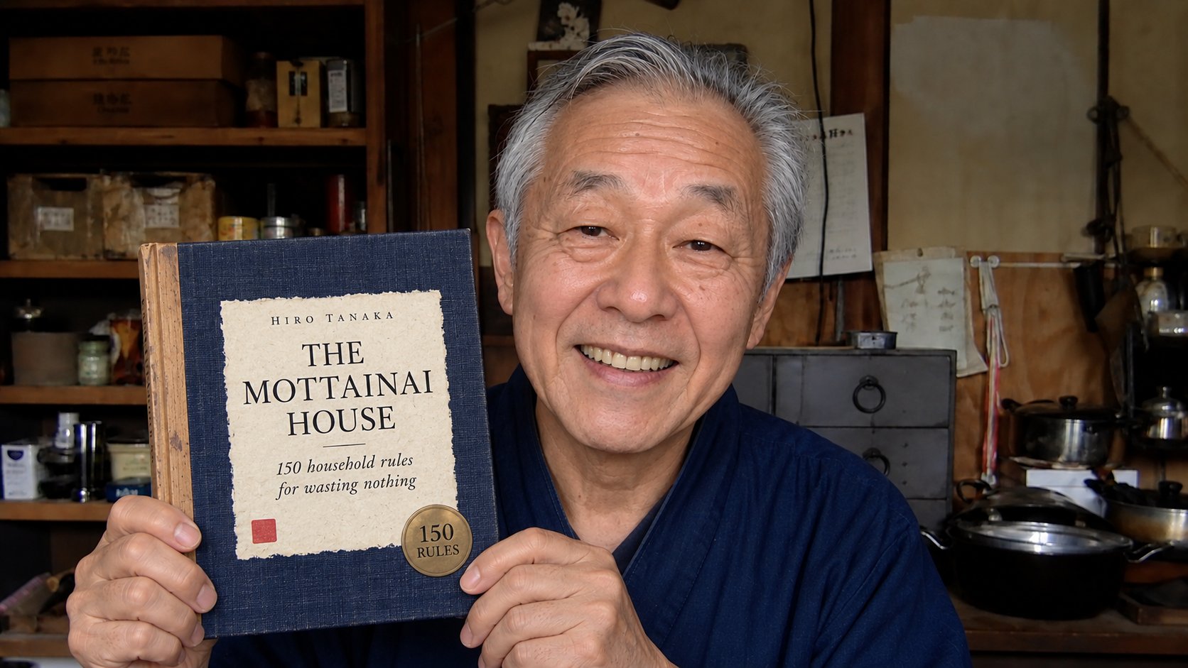 Hiro Tanaka smiling in his kitchen, holding up The Mottainai House